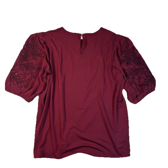 Ann Taylor Burgundy Blouse with Embroidered puff sleeves size M - Picture 2 of 7